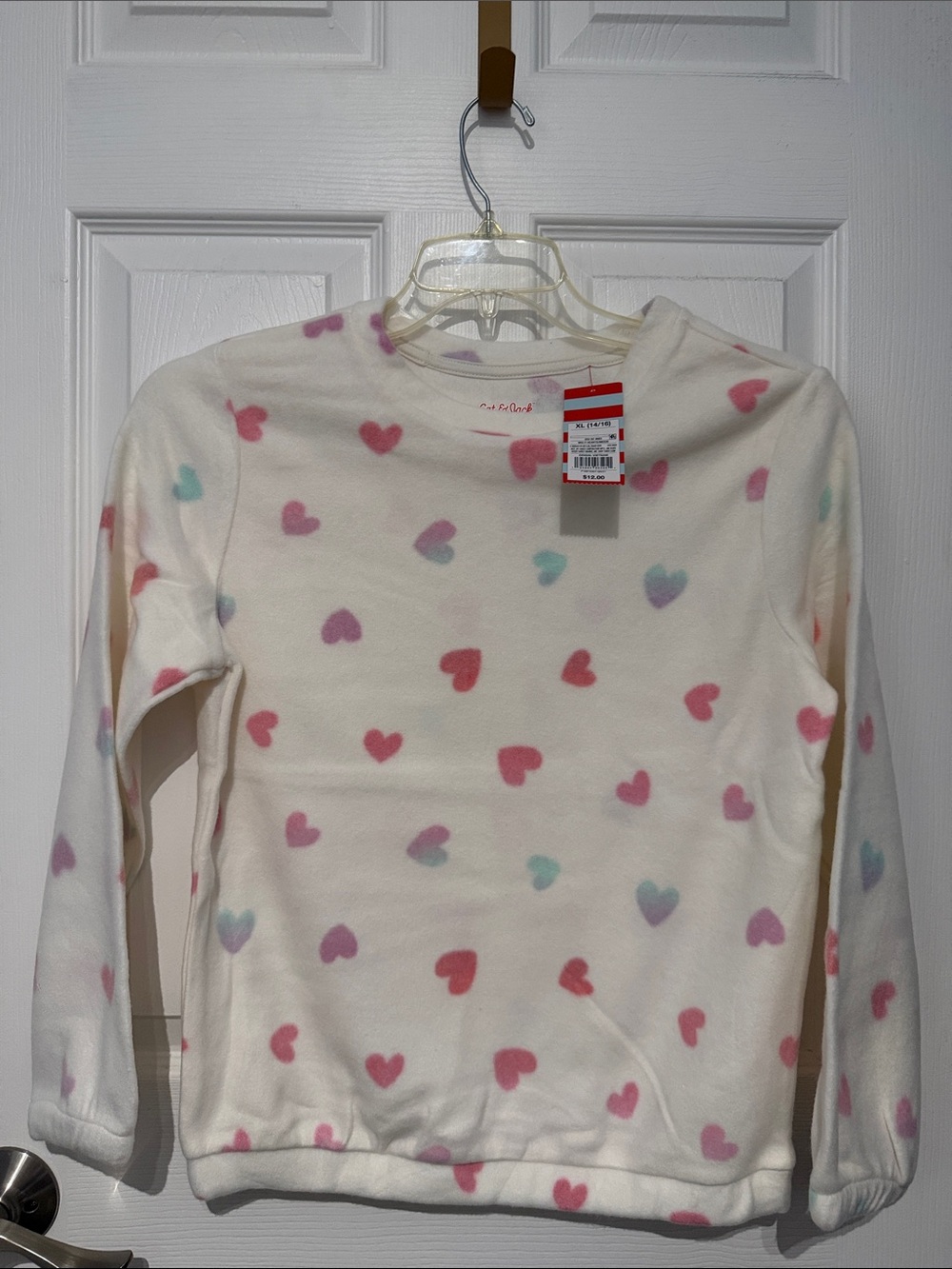 NWT Cat & Jack Kids Cream Fleece Pullover with Multi-Color Hearts. Size 14-16.
